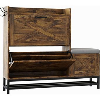 Shoe Cabinet with 2 Flip-Drawers & Storage Bench, Freestanding Shoe Rack with 2 Hooks & Bottom Shelf