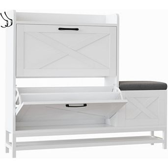 Shoe Cabinet with 2 Flip-Drawers & Storage Bench, Freestanding Shoe Rack with 2 Hooks & Bottom Shelf