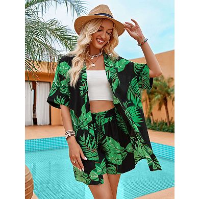Women's Boho 2 Piece Outfits Tropical Open Front Blouse and Shorts Set