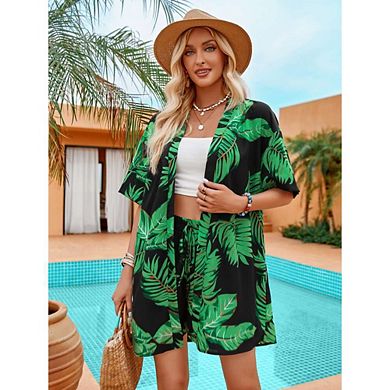 Women's Boho 2 Piece Outfits Tropical Open Front Blouse and Shorts Set