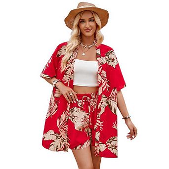 Women's Boho 2 pc Outfits Tropical Open Front Blouse and Shorts Set