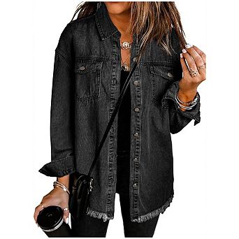 Women Casual Fashion Lapel Long Sleeve Buttons Turned-Up Denim Jacket With Front Fake Pockets
