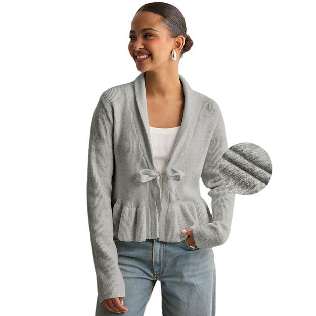 Women's Dressy Cardigan Sweaters Tie Front Draped Ruffle Knit
