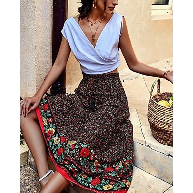 Womens Boho Floral Elastic High Waist Maxi Skirt Floral A Line Ruffle Swing Beach Vacation Outfit