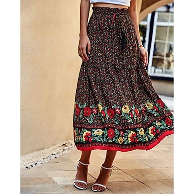 Womens Boho Floral Elastic High Waist Maxi Skirt Floral A Line Ruffle Swing Beach Vacation Outfit