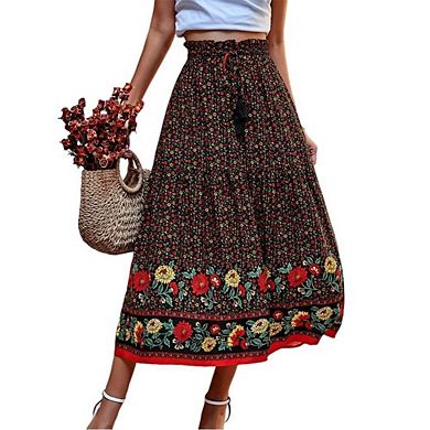 Womens Boho Floral Elastic High Waist Maxi Skirt Floral A Line Ruffle Swing Beach Vacation Outfit