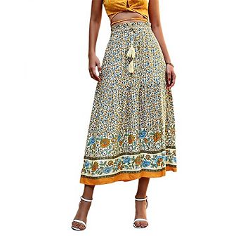 Womens Boho Floral Elastic High Waist Maxi Skirt Floral A Line Ruffle Swing Beach Vacation Outfit