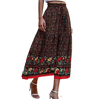 Womens Boho Floral Elastic High Waist Maxi Skirt Floral A Line Ruffle Swing Beach Vacation Outfit