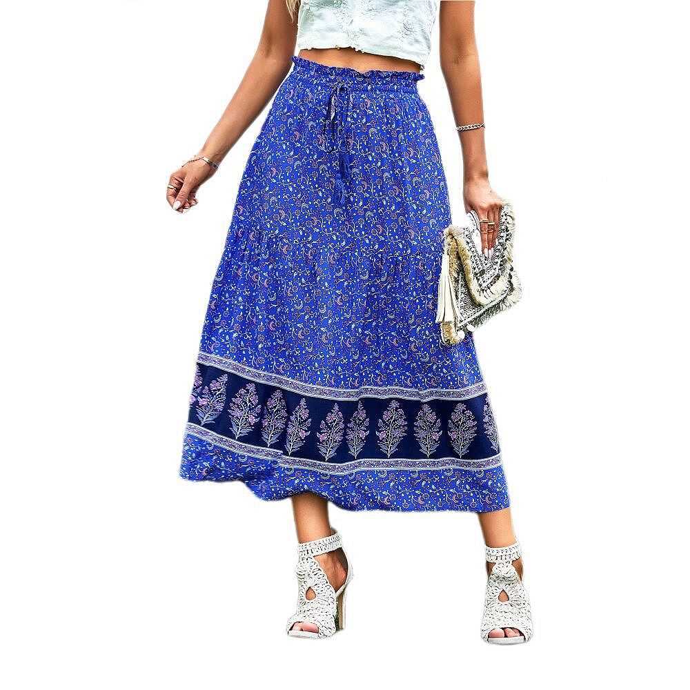 Women's Maxi Skirt Lace Trim High Waist Flowy Boho Party Festival Wear