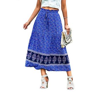 Womens Boho Floral Elastic High Waist Maxi Skirt Floral A Line Ruffle Swing Beach Vacation Outfit