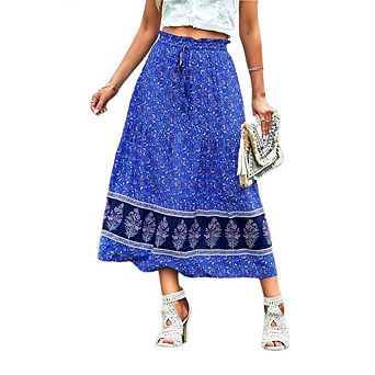 Womens Boho Floral Elastic High Waist Maxi Skirt Floral A Line Ruffle Swing Beach Vacation Outfit
