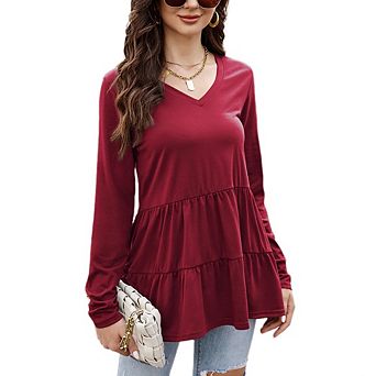 Womens Babydoll Tops Dressy Casual Clothing Long Sleeve V Neck Peplum Blouse Fall Outfits