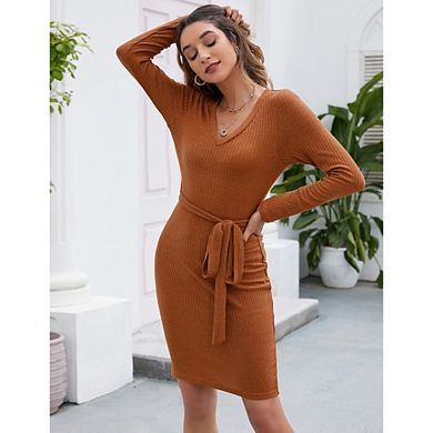 Women's Fall Sweater Dress V Neck Long Sleeve Ribbed Knit Tie Waist Bodycon Slim Fit Midi Dresses