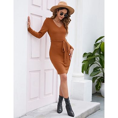 Women's Fall Sweater Dress V Neck Long Sleeve Ribbed Knit Tie Waist Bodycon Slim Fit Midi Dresses