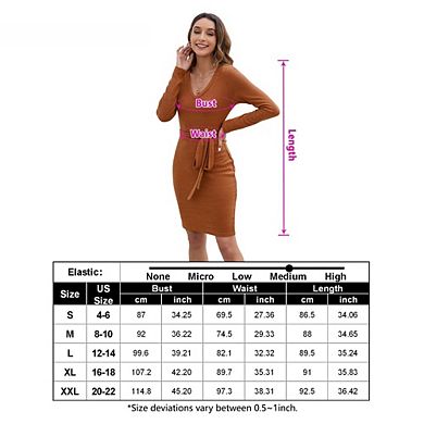 Women's Fall Sweater Dress V Neck Long Sleeve Ribbed Knit Tie Waist Bodycon Slim Fit Midi Dresses