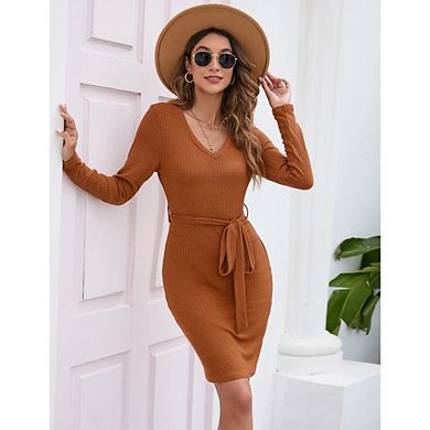 Women's Fall Sweater Dress V Neck Long Sleeve Ribbed Knit Tie Waist Bodycon Slim Fit Midi Dresses
