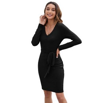 Women's Fall Sweater Dress V Neck Long Sleeve Ribbed Knit Tie Waist Bodycon Slim Fit Midi Dresses