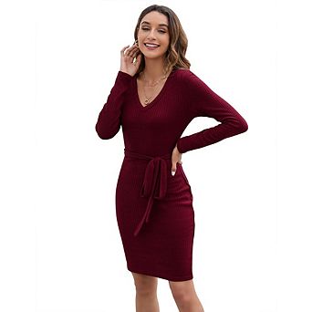 Women's Fall Sweater Dress V Neck Long Sleeve Ribbed Knit Tie Waist Bodycon Slim Fit Midi Dresses