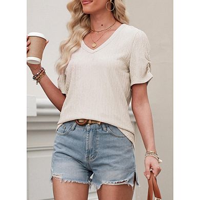 Womens Short Puff Sleeves Blouses Shirts V Neck Cute Solid Knit Casual Regular Fit Tops
