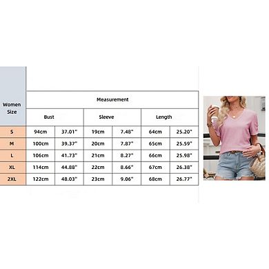 Womens Short Puff Sleeves Blouses Shirts V Neck Cute Solid Knit Casual Regular Fit Tops