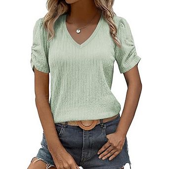 Womens Short Puff Sleeves Blouses Shirts V Neck Cute Solid Knit Casual Regular Fit Tops