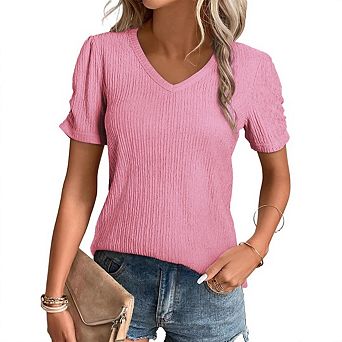 Womens Short Puff Sleeves Blouses Shirts V Neck Cute Solid Knit Casual Regular Fit Tops