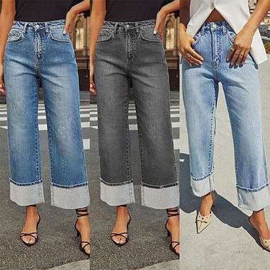 Jeans for Women Wide Leg Baggy High Waist Boyfriends Straight Leg Stretchy Denim Pants Trendy Fall