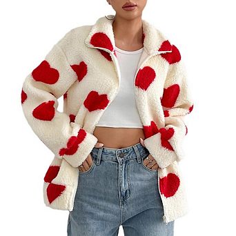Womens Fleece Jackets Casual Zip Up Long Sleeve Fuzzy Jacket Love Heart Pattern Coats with Pockets