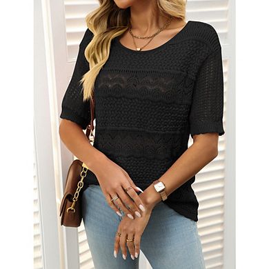 Women's Short Sleeve Crew Neck Crochet Sweater Hollow Out Pullover Loose Knit Tops
