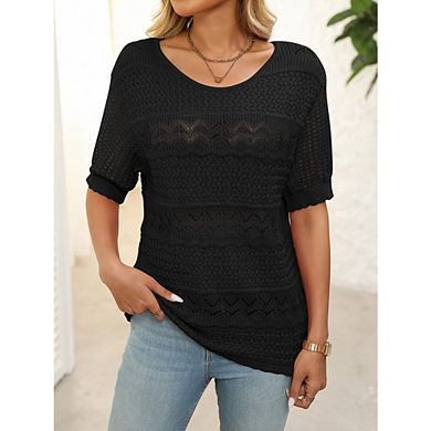 Women's Short Sleeve Crew Neck Crochet Sweater Hollow Out Pullover Loose Knit Tops
