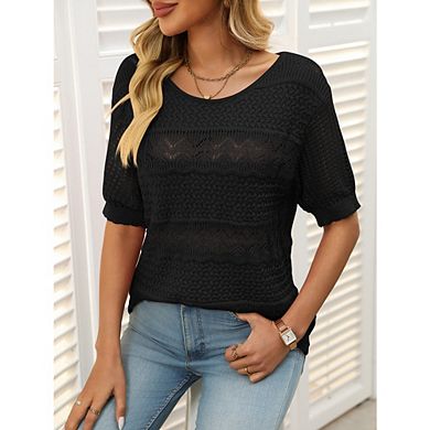 Women's Short Sleeve Crew Neck Crochet Sweater Hollow Out Pullover Loose Knit Tops