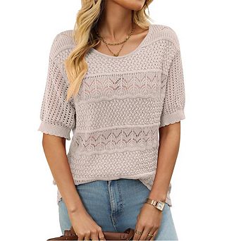 Women's Short Sleeve Crew Neck Crochet Sweater Hollow Out Pullover Loose Knit Tops