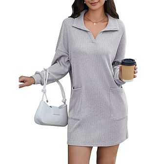 Women's Knit Sweater Dresses Lapel Neck Puff Sleeves Loose Mini Dresses With Pocket