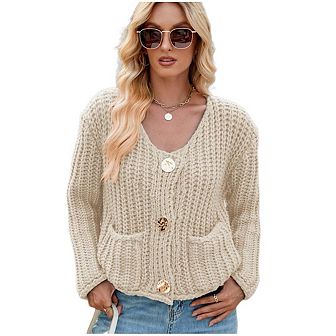 Women Chunky Casual V Neck Long Sleeve Open Front Button Knit Loose Cardigan Sweater With Pockets