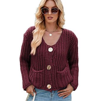 Women Chunky Casual V Neck Long Sleeve Open Front Button Knit Loose Cardigan Sweater With Pockets
