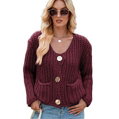 Women Chunky Casual V Neck Long Sleeve Open Front Button Knit