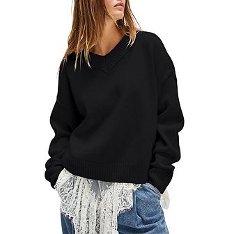Womens V Neck Sweaters Fall Casual Long Sleeve Oversized Cozy Pullover Sweater Lightweight Knit Tops