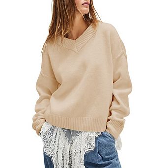 Womens V Neck Sweaters Fall Casual Long Sleeve Oversized Cozy Pullover Sweater Lightweight Knit Tops