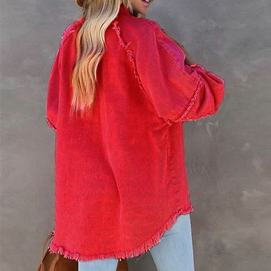 Womens Oversized Denim Jacket Frayed Hem Button Front Boyfriend Coat Western Shacket with Pockets