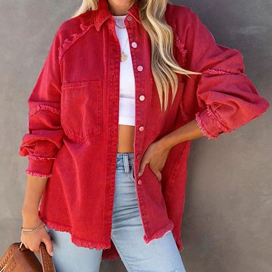 Womens Oversized Denim Jacket Frayed Hem Button Front Boyfriend Coat Western Shacket with Pockets