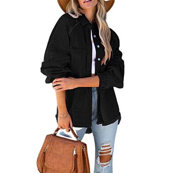 Womens Oversized Denim Jacket Frayed Hem Button Front Boyfriend Coat Western Shacket with Pockets