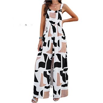 Women's Loose Fit Printed Jumpsuit Square Neck Overalls Wide Leg Jumpsuit With Pockets