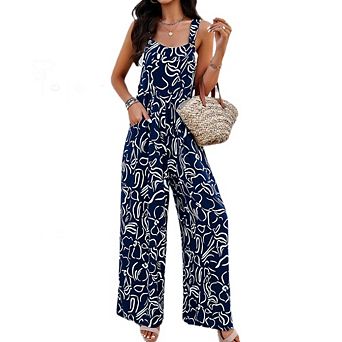 Women's Loose Fit Printed Jumpsuit Square Neck Overalls Wide Leg Jumpsuit With Pockets
