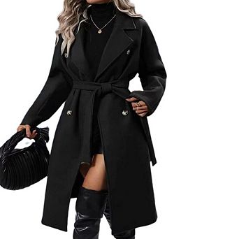 Womens Long Double Breasted Coats Lapel Collar Pea Coat Winter Slim Fit Jackets Trench Coat Outwear