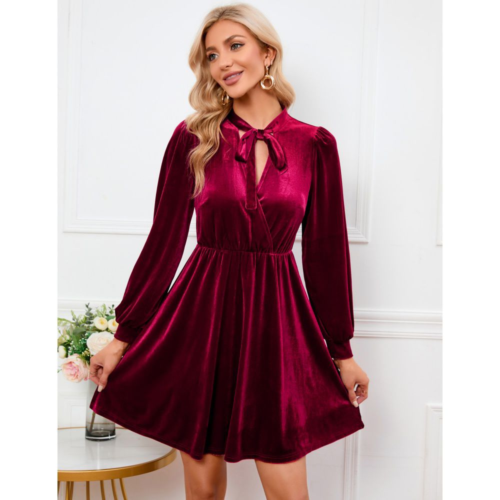 Women's Long Sleeve A Line Semi Formal Velvet Mini Dress Elegant Cocktail Party Winter Club Dress