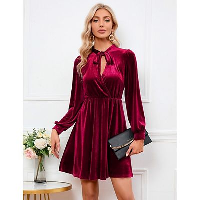 Womens Velvet Bow Tie Neck Long Sleeve High Waist Casual Loose Swing Ruffle A-Line Mini Dresses Yellow M