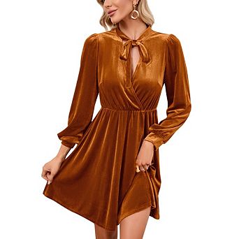 Women's Long Sleeve A line Semi Formal Velvet Mini Dress Elegant Cocktail Party Winter Club Dress