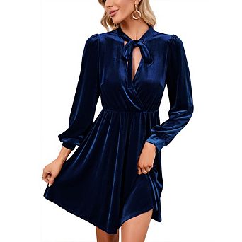 Women's Long Sleeve A line Semi Formal Velvet Mini Dress Elegant Cocktail Party Winter Club Dress