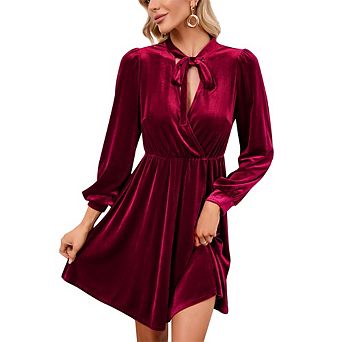 Women's Long Sleeve A line Semi Formal Velvet Mini Dress Elegant Cocktail Party Winter Club Dress