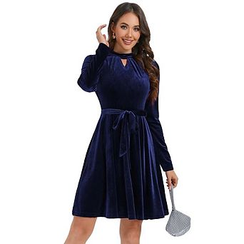 Women's Retro Velvet Cocktail Party Dress Long Sleeve dress With Belt